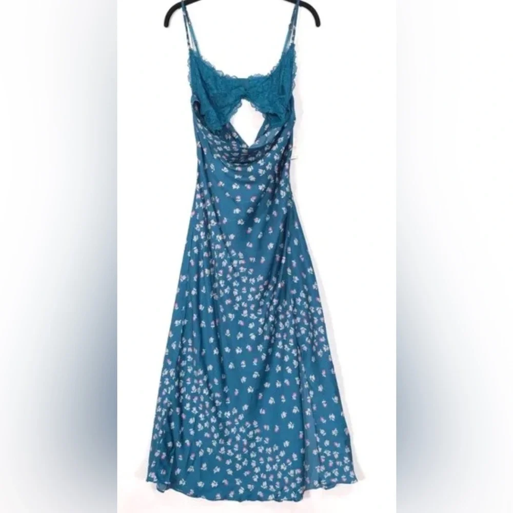 NWT Free People Gossamer Glow Midi Slip Dress Medium Deep Lagoon Combo - Picture 6 of 12